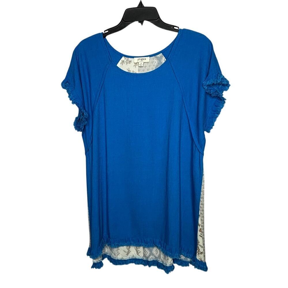 Umgee Linen Blend Blue Mixed Print Short Sleeve Boho Top Size Medium